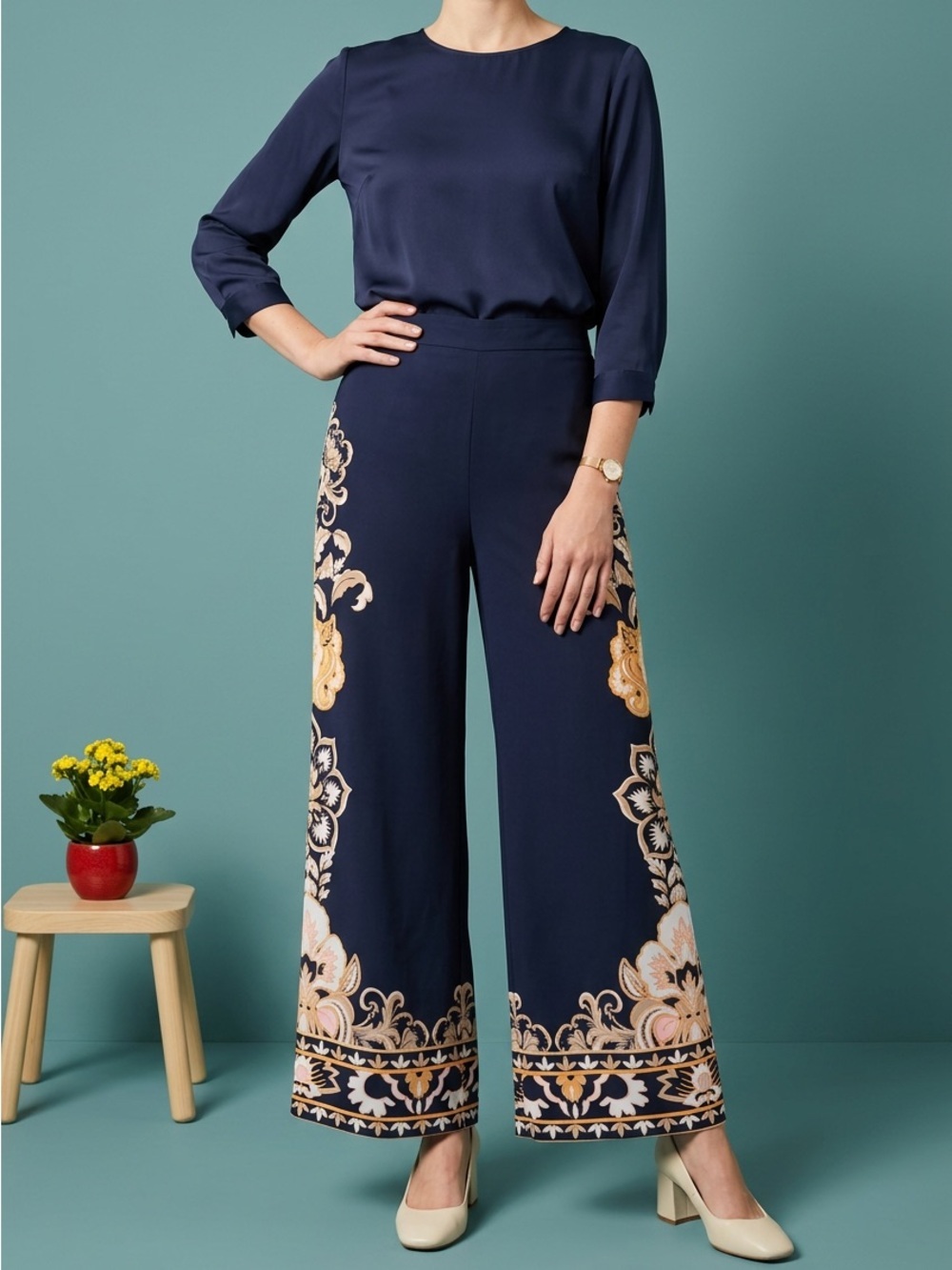 Chico's Navy Wide-Leg Trousers with Cream and Gold Floral Panels